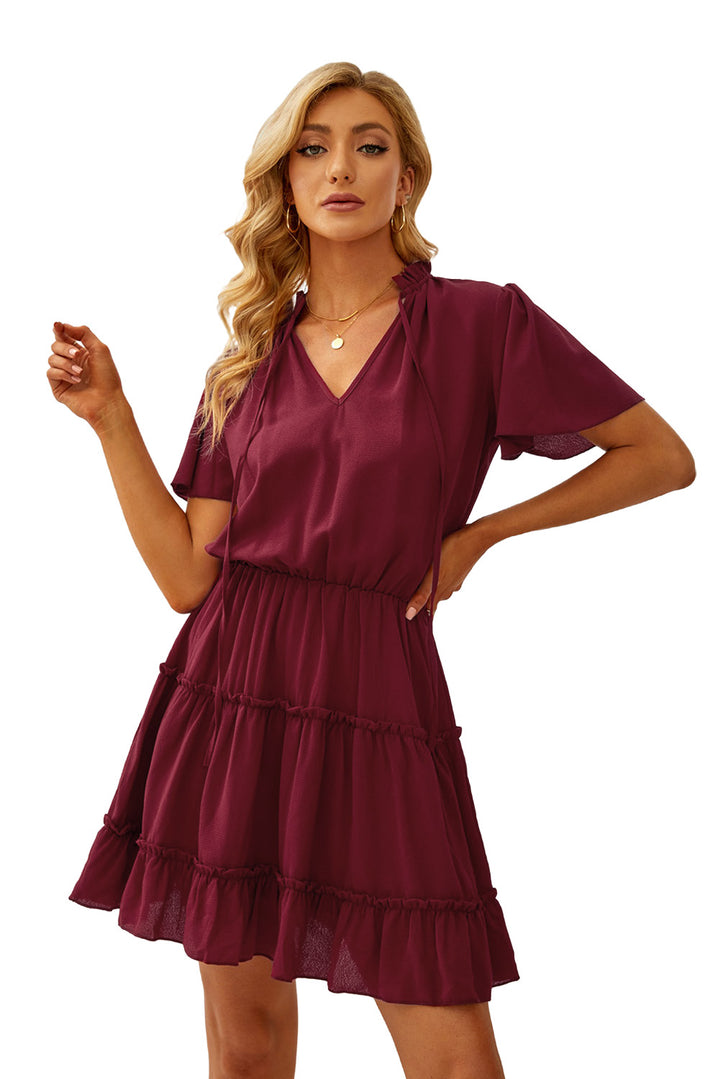 Wine Red V Neck Ruffled Short Sleeve Swing Mini Dress