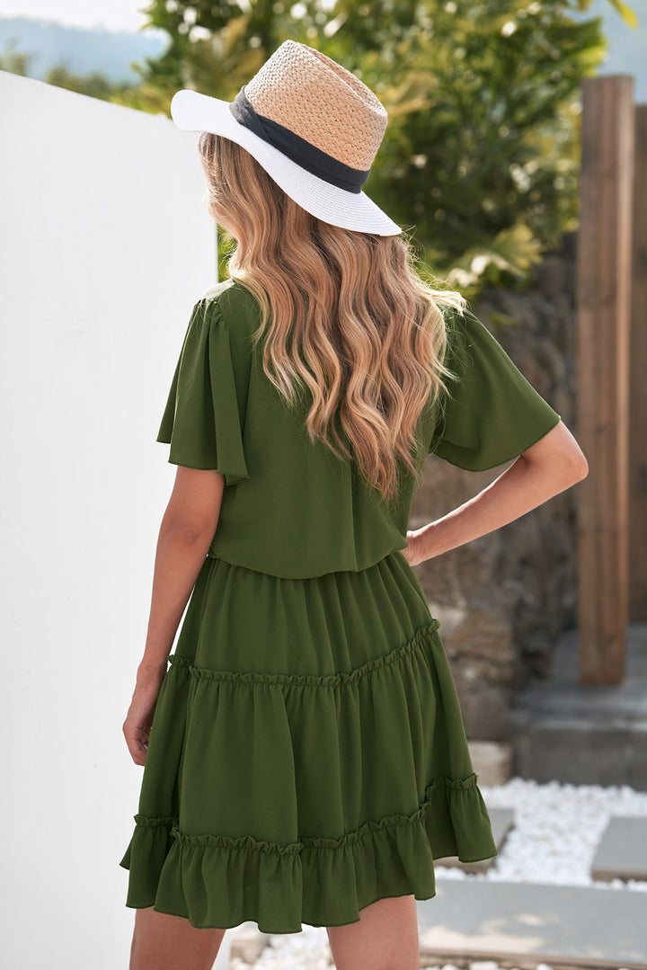 Green V Neck Ruffled Short Sleeve Swing Mini Dress
