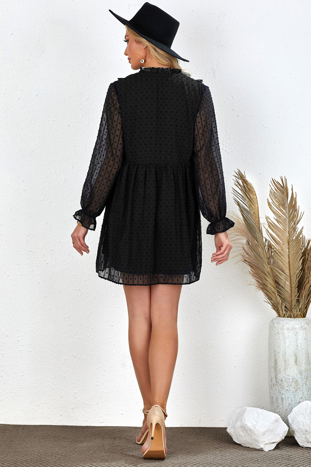 Black Swiss Dot Ruffle V Neck Long Sleeve Mini Dress