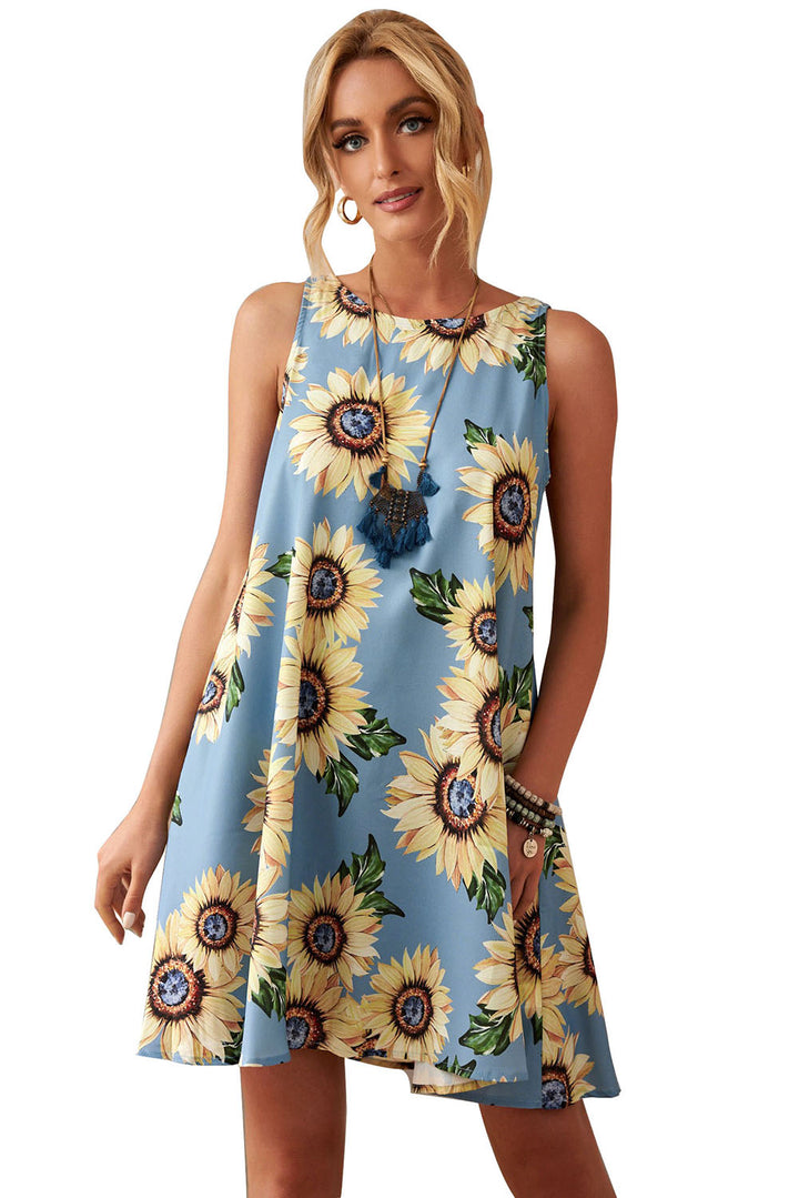 Cute Blue Sunflower Print Tank Dress