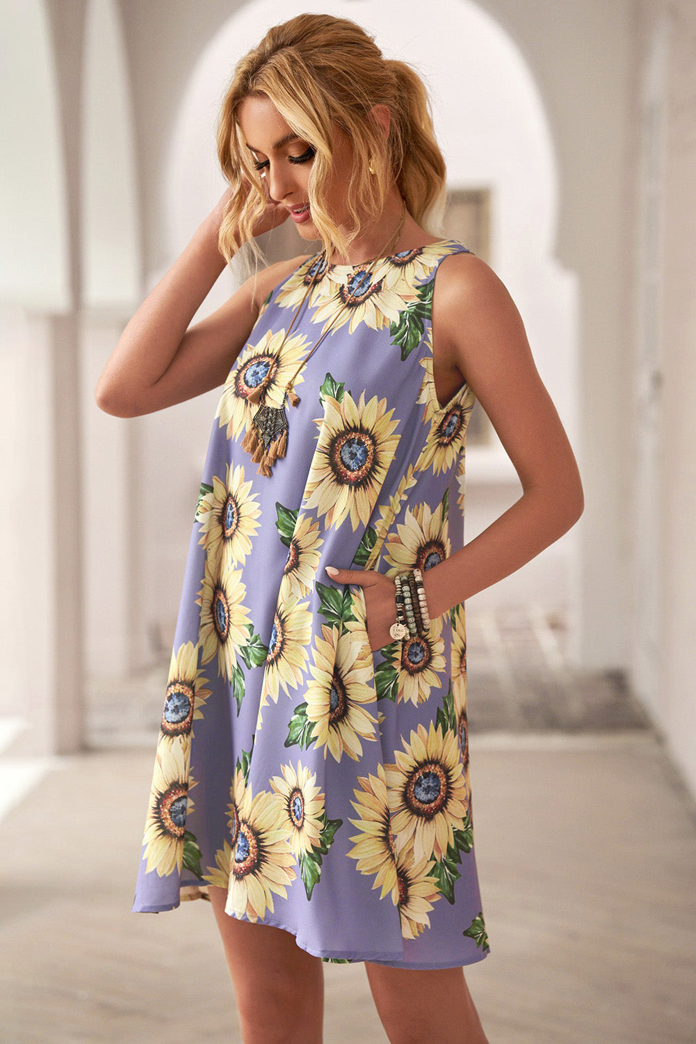 Cute Summer Purple Sunflower Print Tank Dress