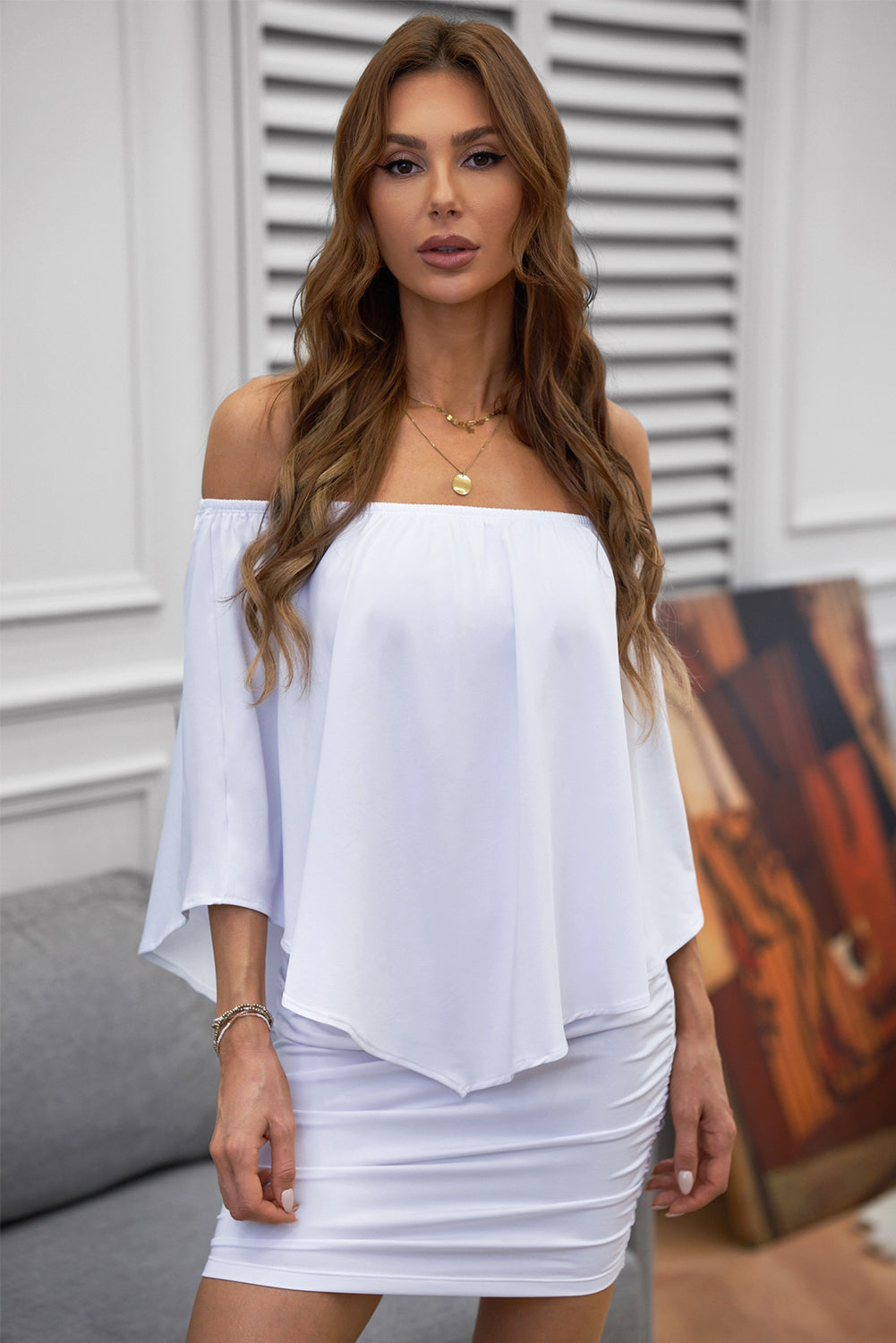Multiple Dressing Layered Army White Off Shoulde Mini Dress