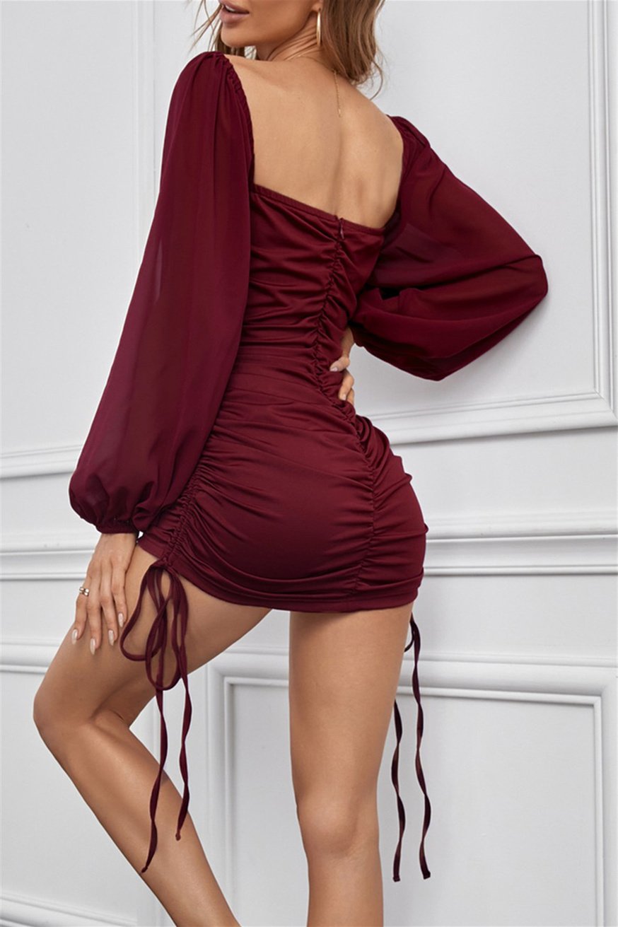 Red Side Shirring Ruched Puff Sleeve Square Neck Bodycon Dress
