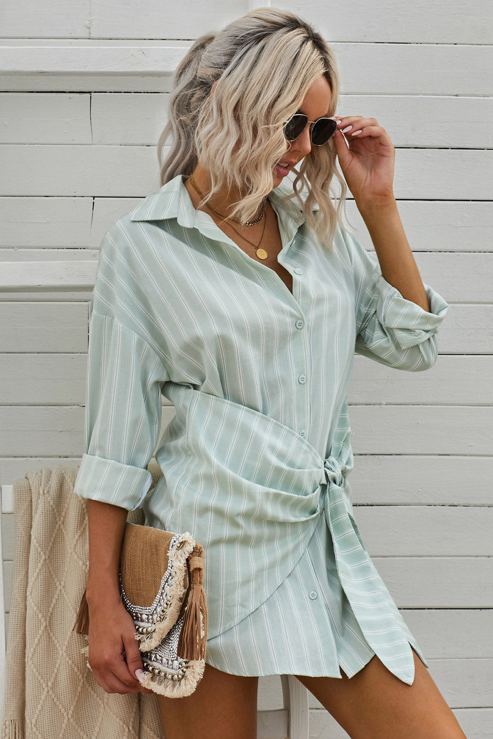 Long Sleeve Striped Tie Front Button Shirt Tunic Dress