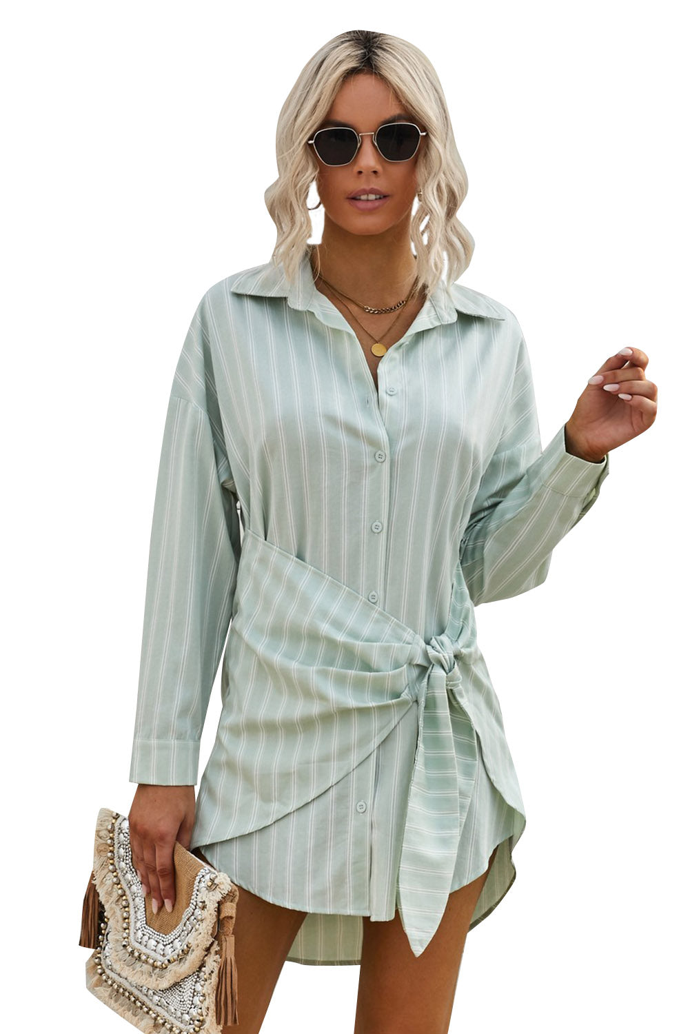 Long Sleeve Striped Tie Front Button Shirt Tunic Dress