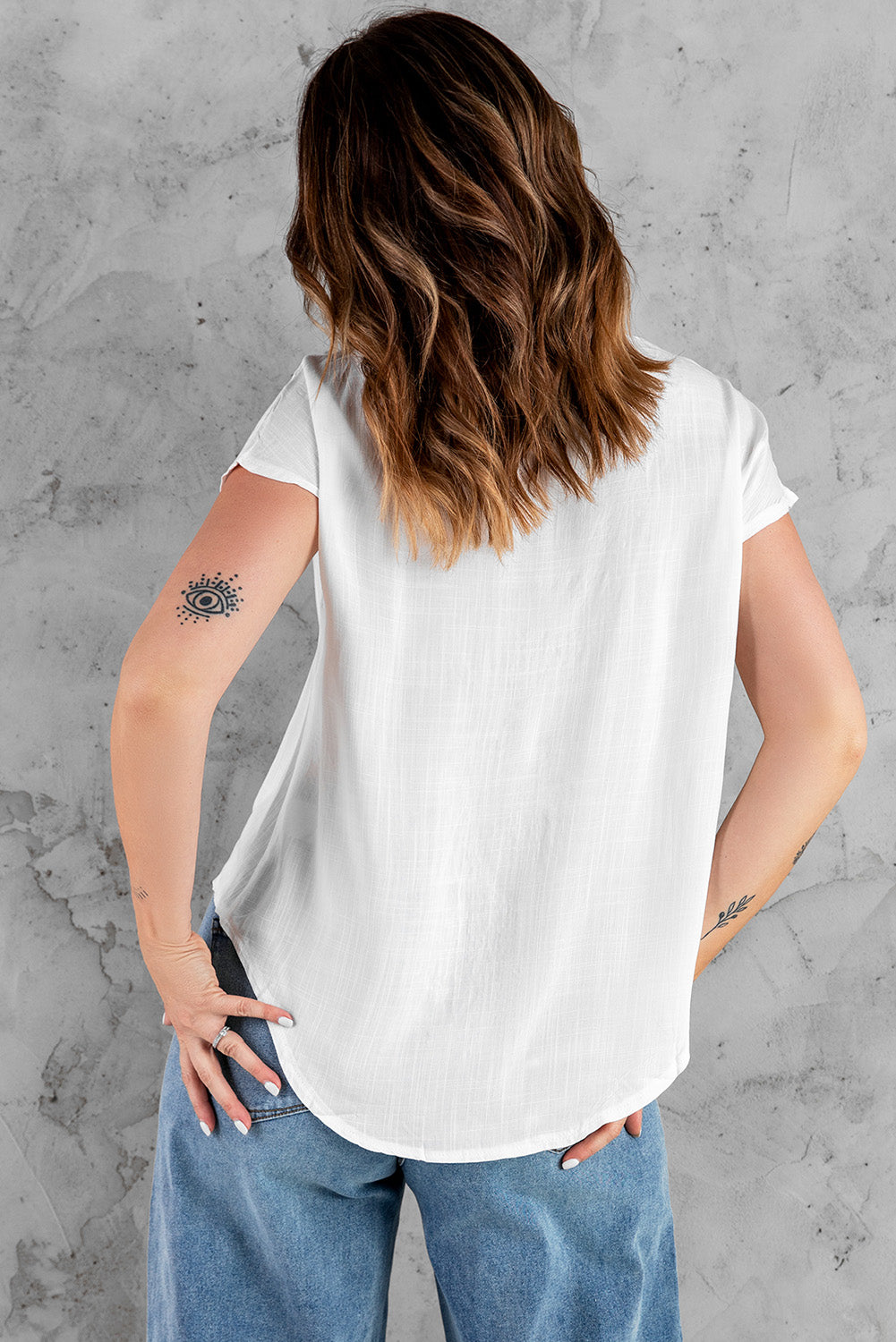 White V Neck Lace Patchwork Tee with Knot
