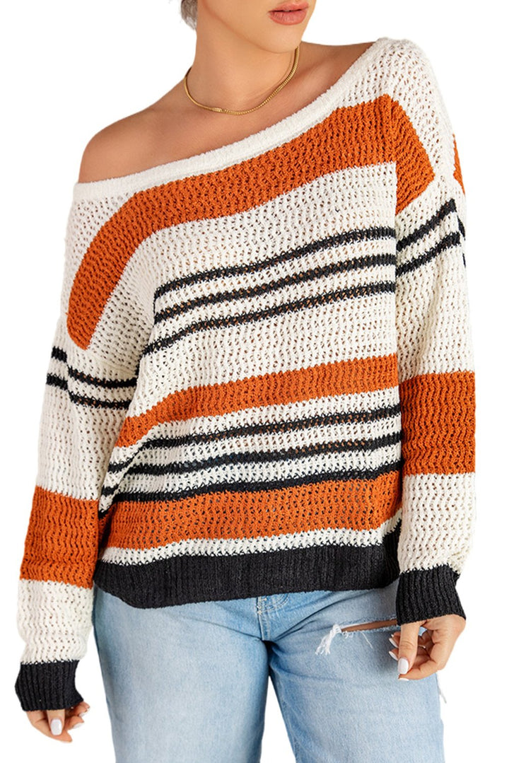 Casual Brown Loose Fit Striped Pattern Sweater