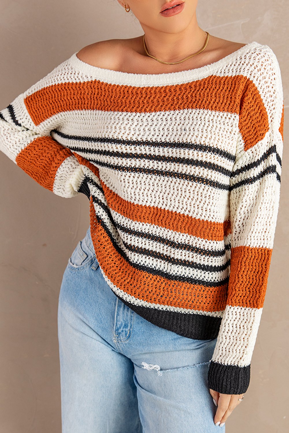 Casual Brown Loose Fit Striped Pattern Sweater
