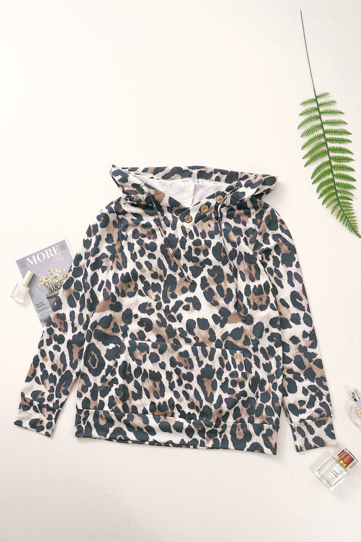 Casual Leopard Print Kangaroo Pocket Hoodie