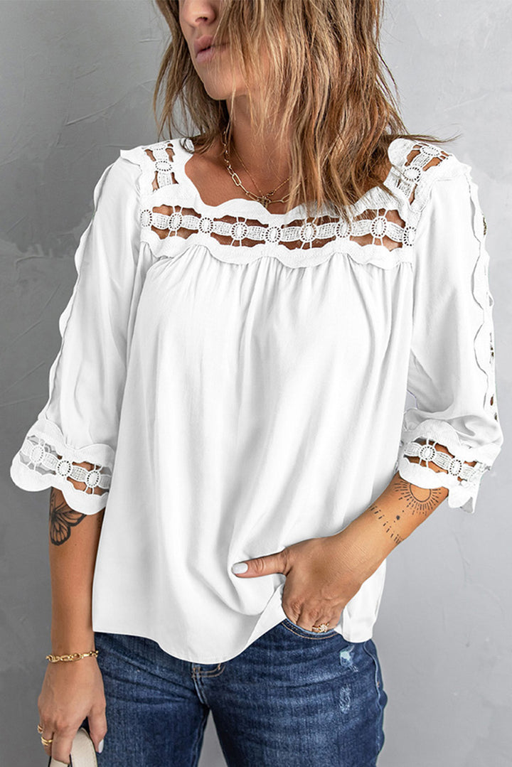 Chic White Crochet Trim Hollow-out Blouse