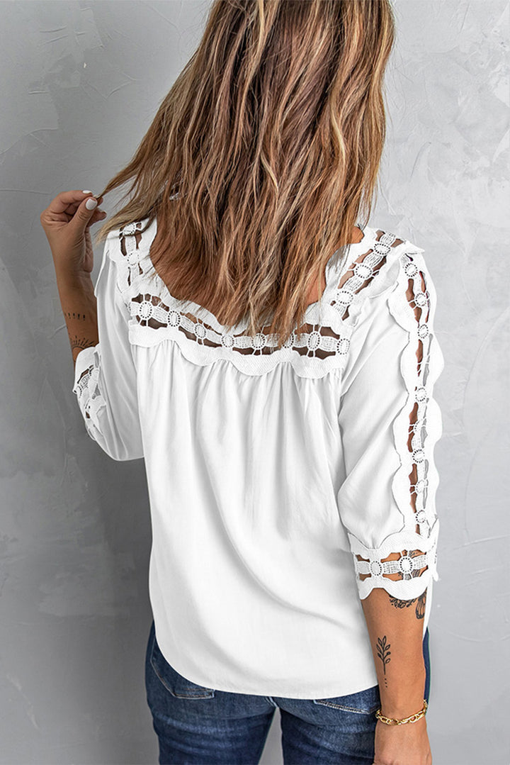 Chic White Crochet Trim Hollow-out Blouse