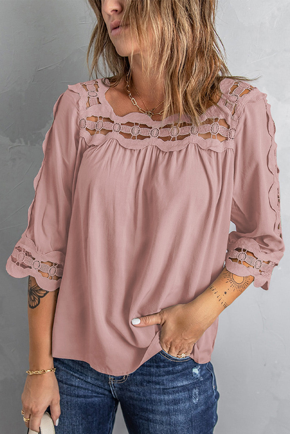 Pink Half Sleeve Crochet Trim Hollow-out Blouse