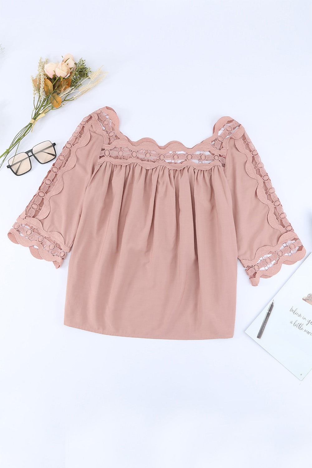 Pink Half Sleeve Crochet Trim Hollow-out Blouse
