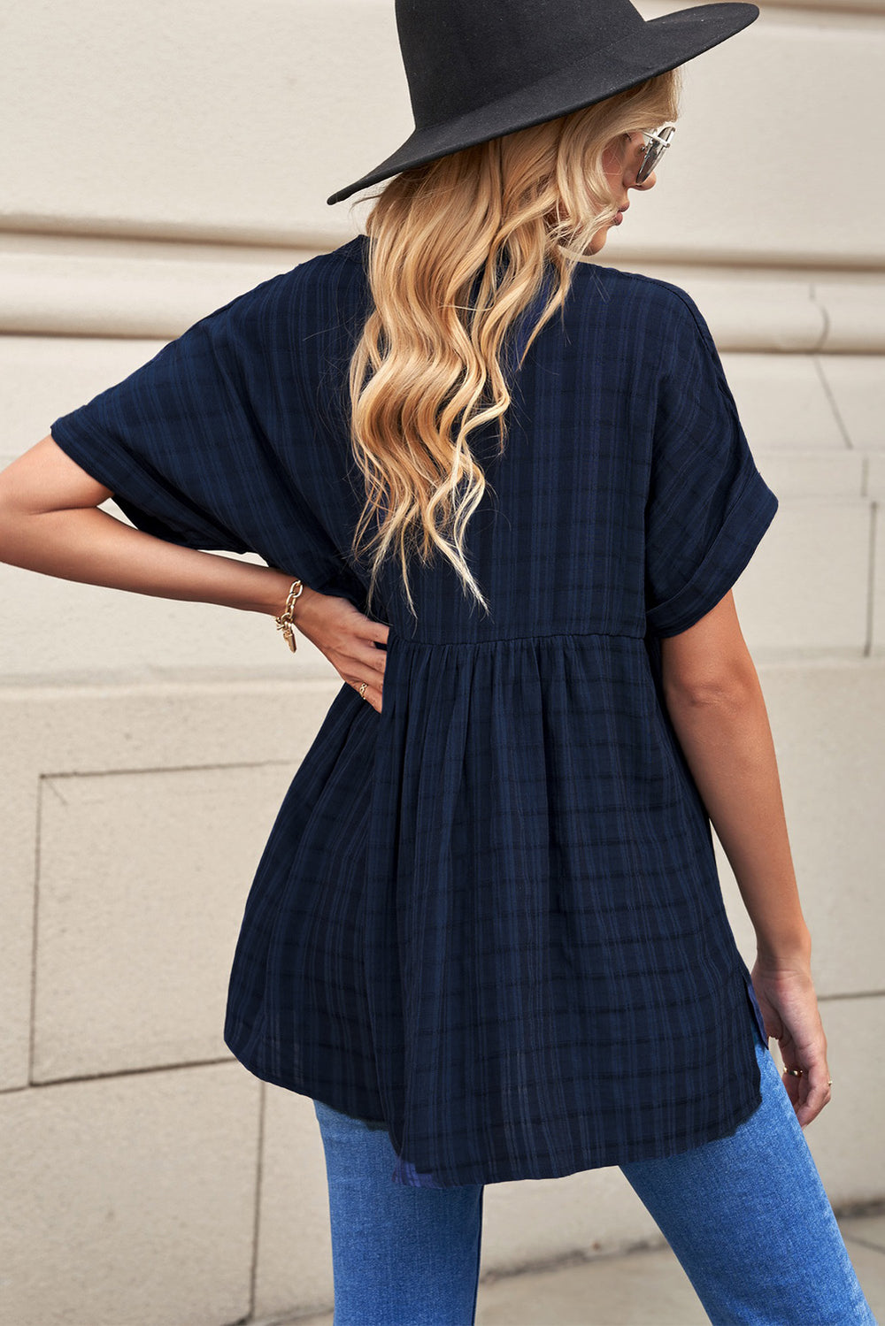 Navy Plaid Print Loose V Neck Short Sleeve Shirt