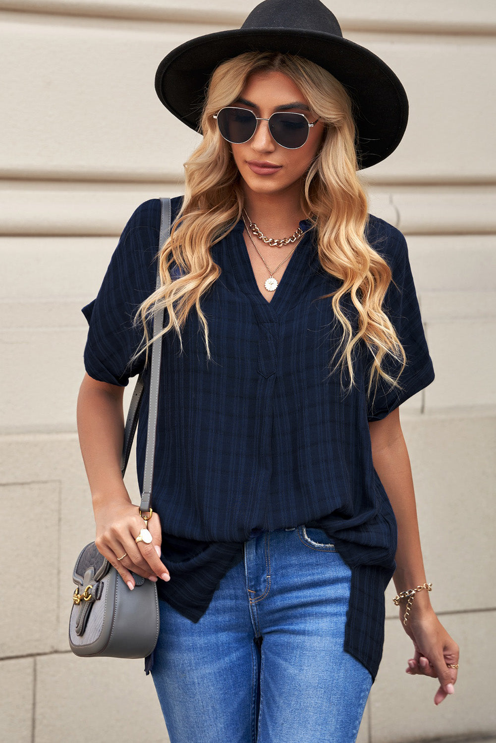Navy Plaid Print Loose V Neck Short Sleeve Shirt
