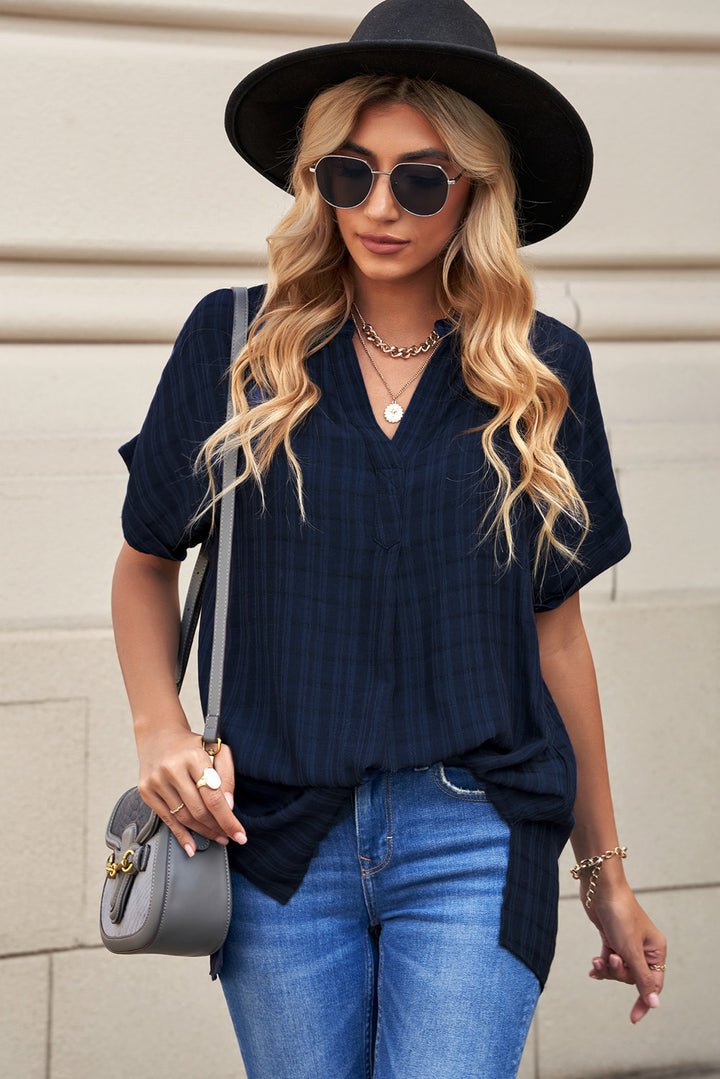 Navy Plaid Print Loose V Neck Short Sleeve Shirt
