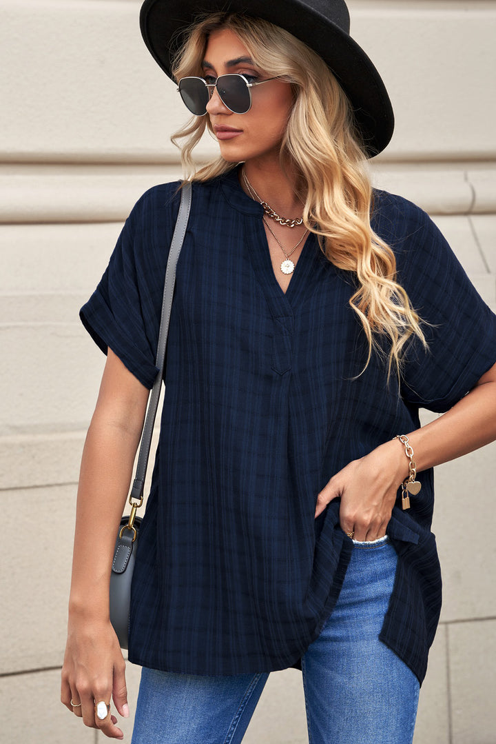 Navy Plaid Print Loose V Neck Short Sleeve Shirt