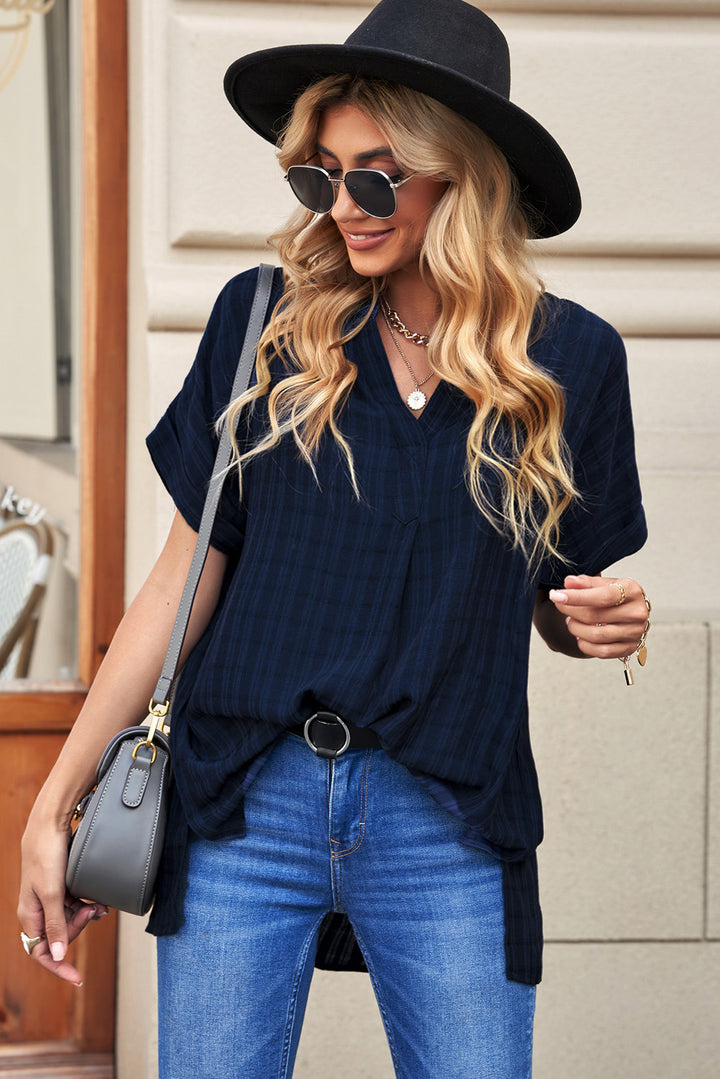Navy Plaid Print Loose V Neck Short Sleeve Shirt