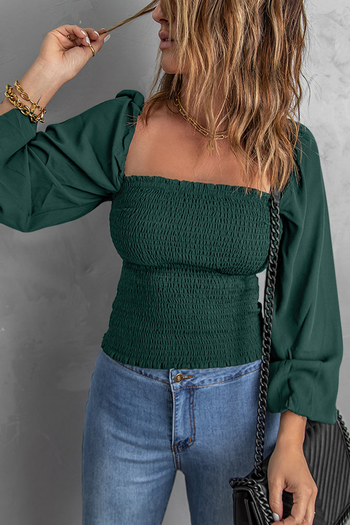 Green Square Neck Smocked Long Sleeve Top