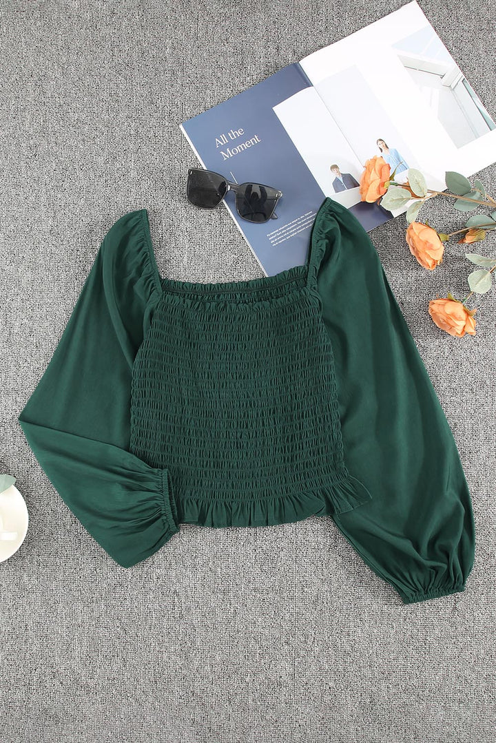 Green Square Neck Smocked Long Sleeve Top
