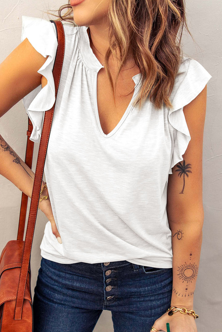 Casual White Solid V Neck Butterfly Sleeve Top