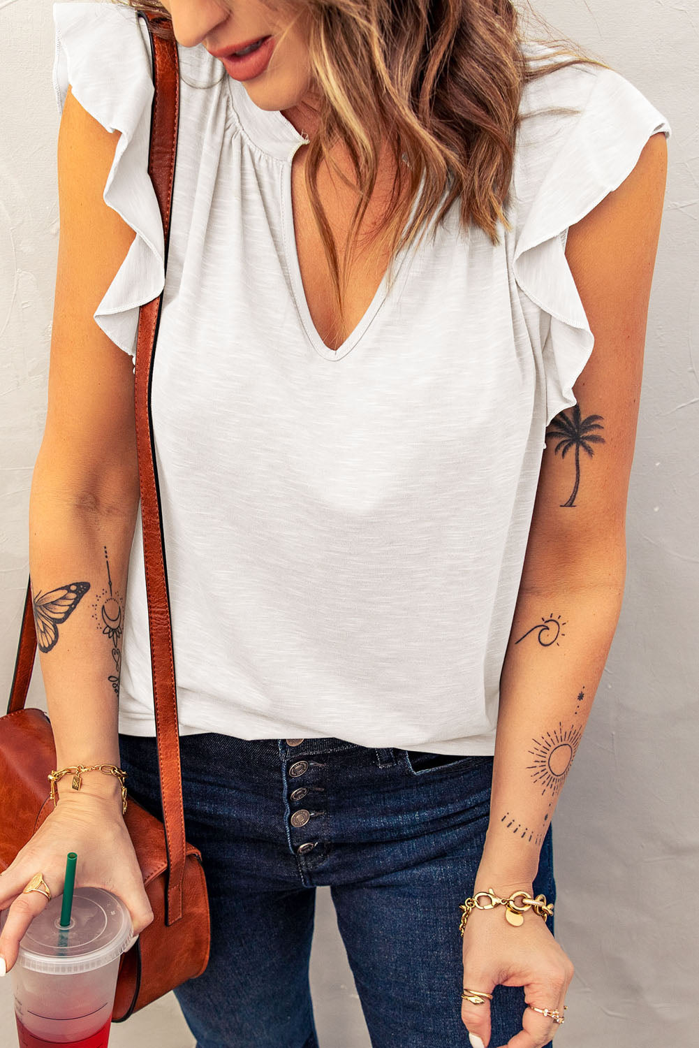 Casual White Solid V Neck Butterfly Sleeve Top