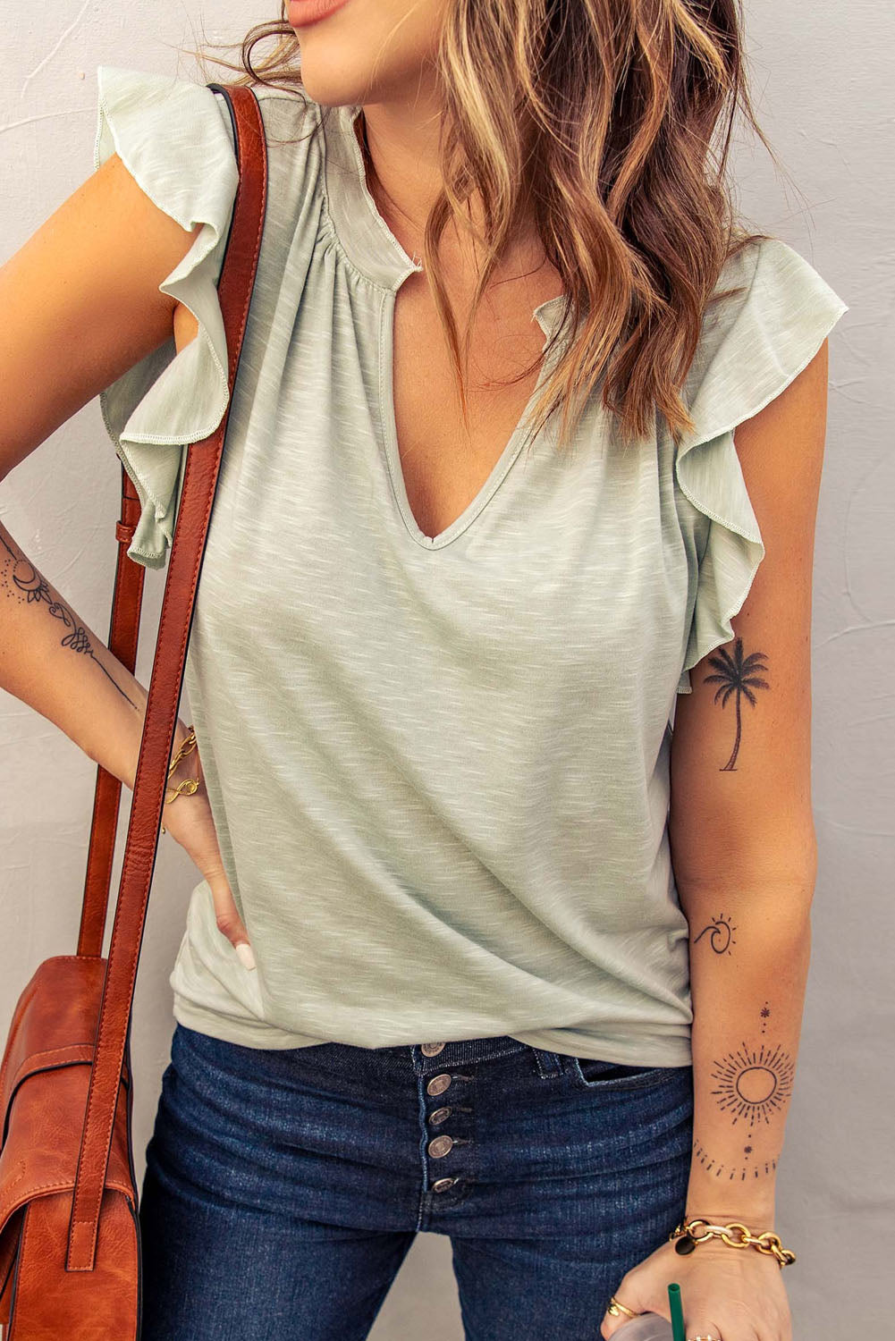 Casual Green Solid V Neck Butterfly Sleeve Top