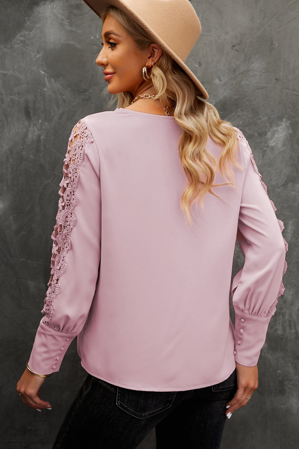 Elegant Pink Lace Splicing Buttoned V Neck Shirt