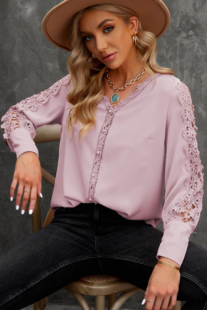 Elegant Pink Lace Splicing Buttoned V Neck Shirt