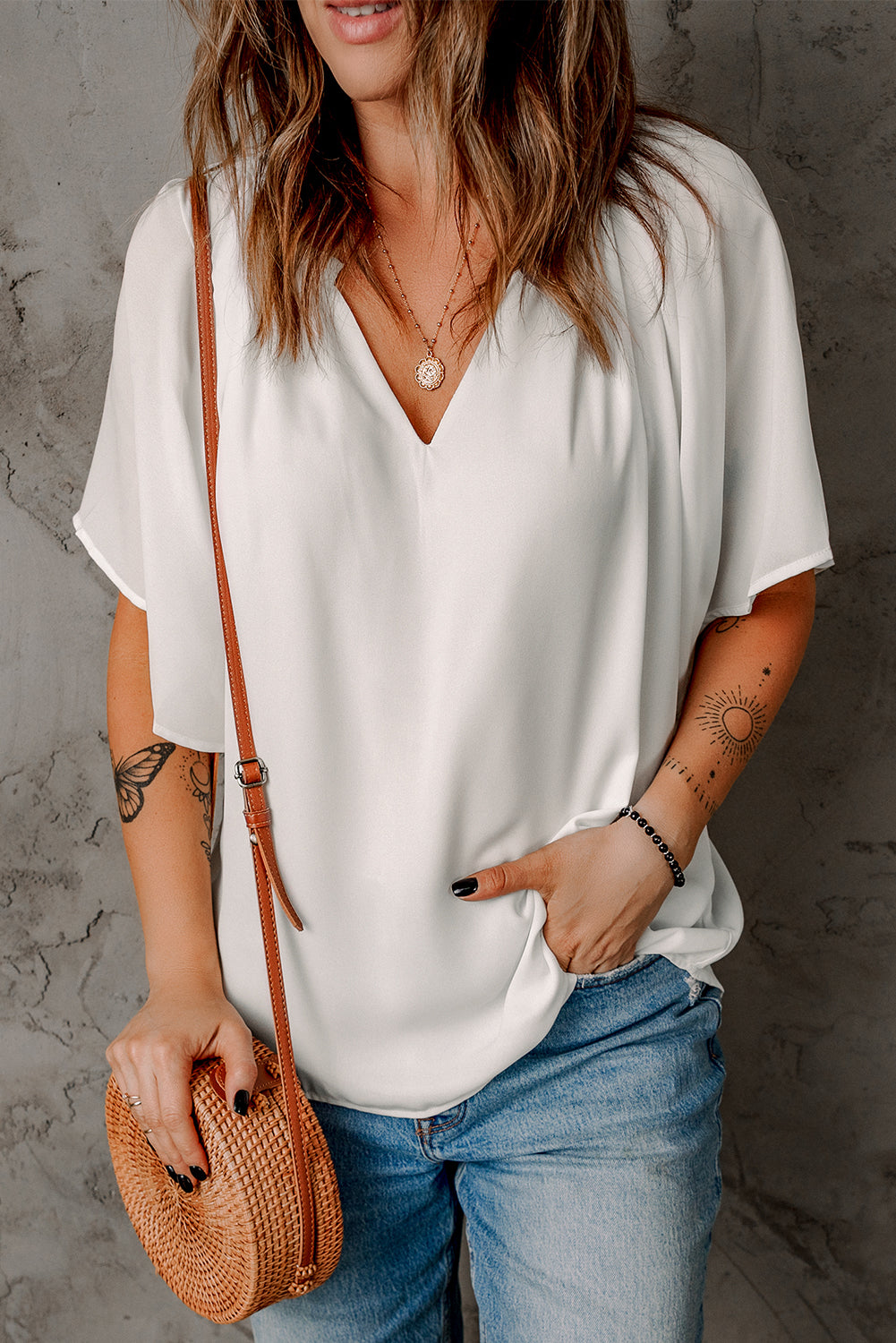 Chic White Split Neck Pleated Loose Top