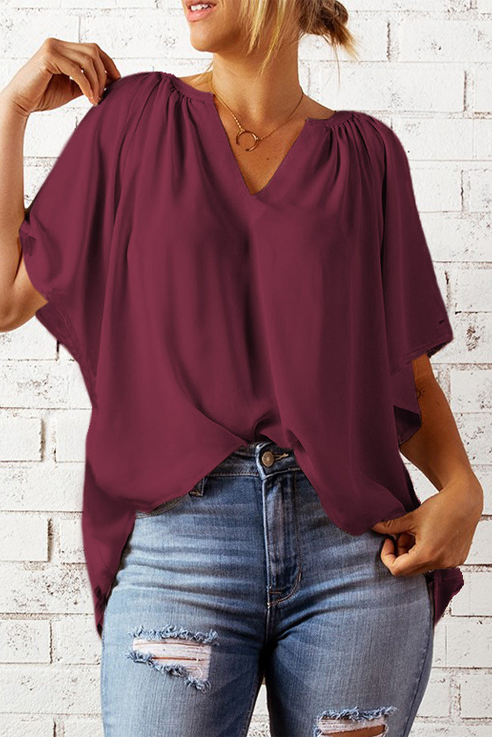 Summer Red Split Neck Pleated Loose Top