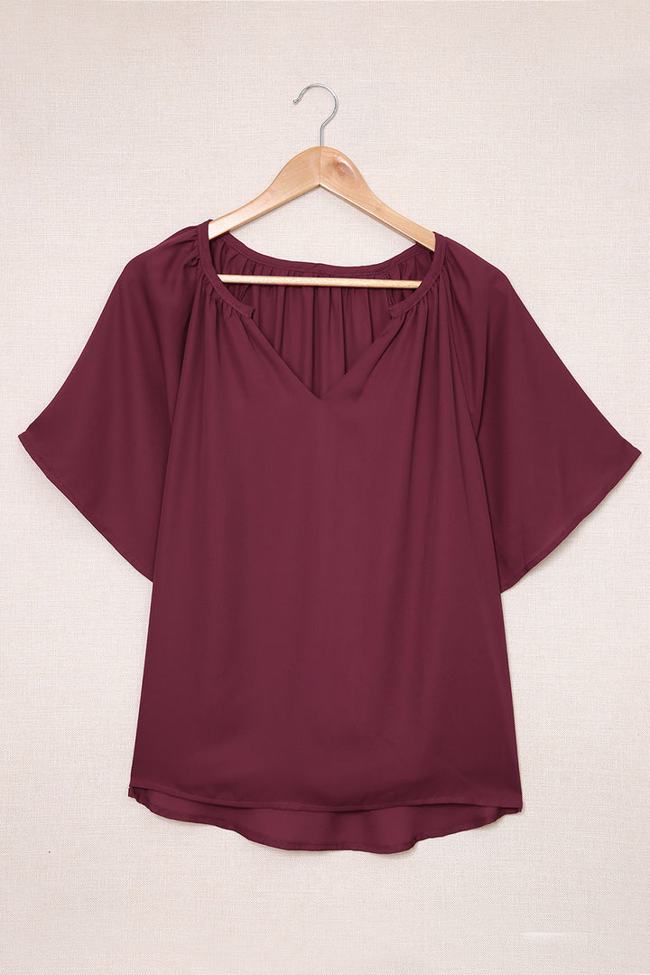 Summer Red Split Neck Pleated Loose Top