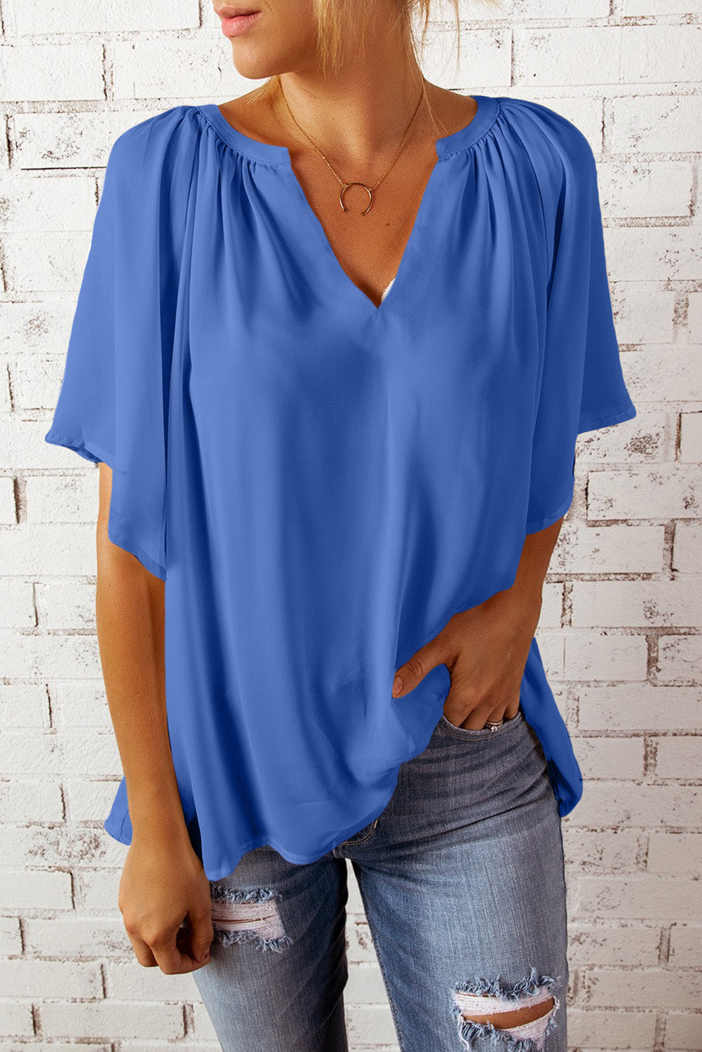 Brief Blue Split Neck Pleated Loose Blouse