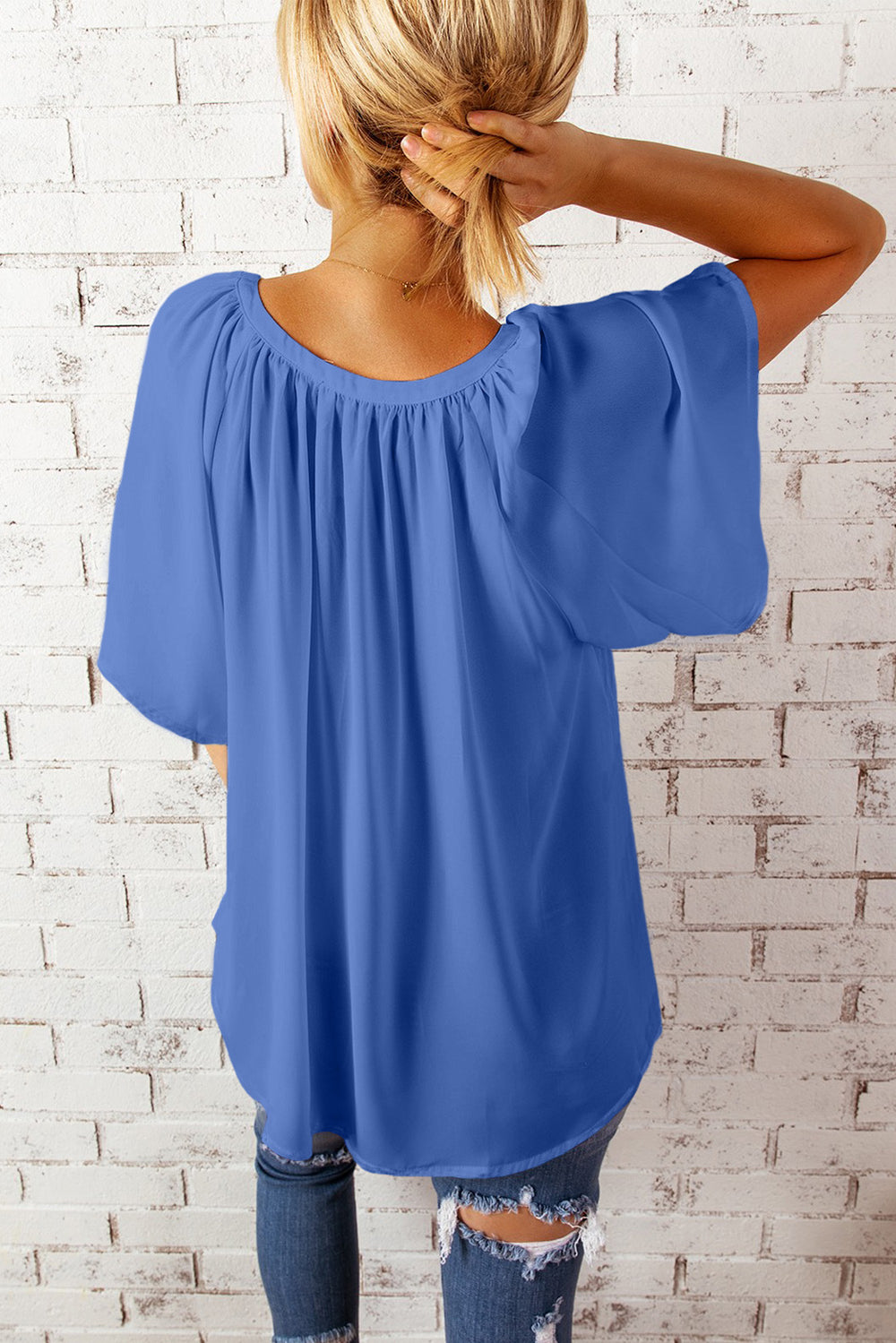 Brief Blue Split Neck Pleated Loose Blouse