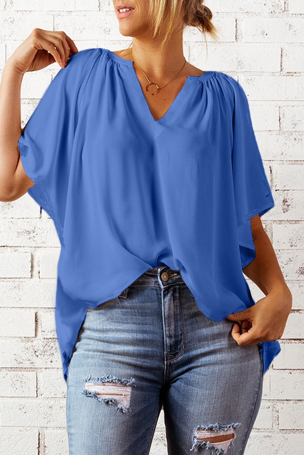 Brief Blue Split Neck Pleated Loose Blouse