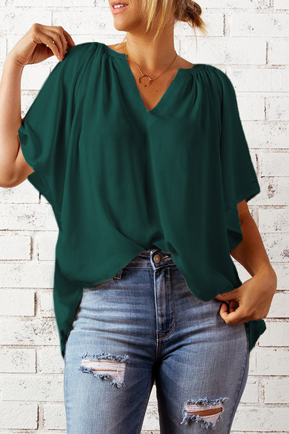 Casual Green Split Neck Pleated Loose Top