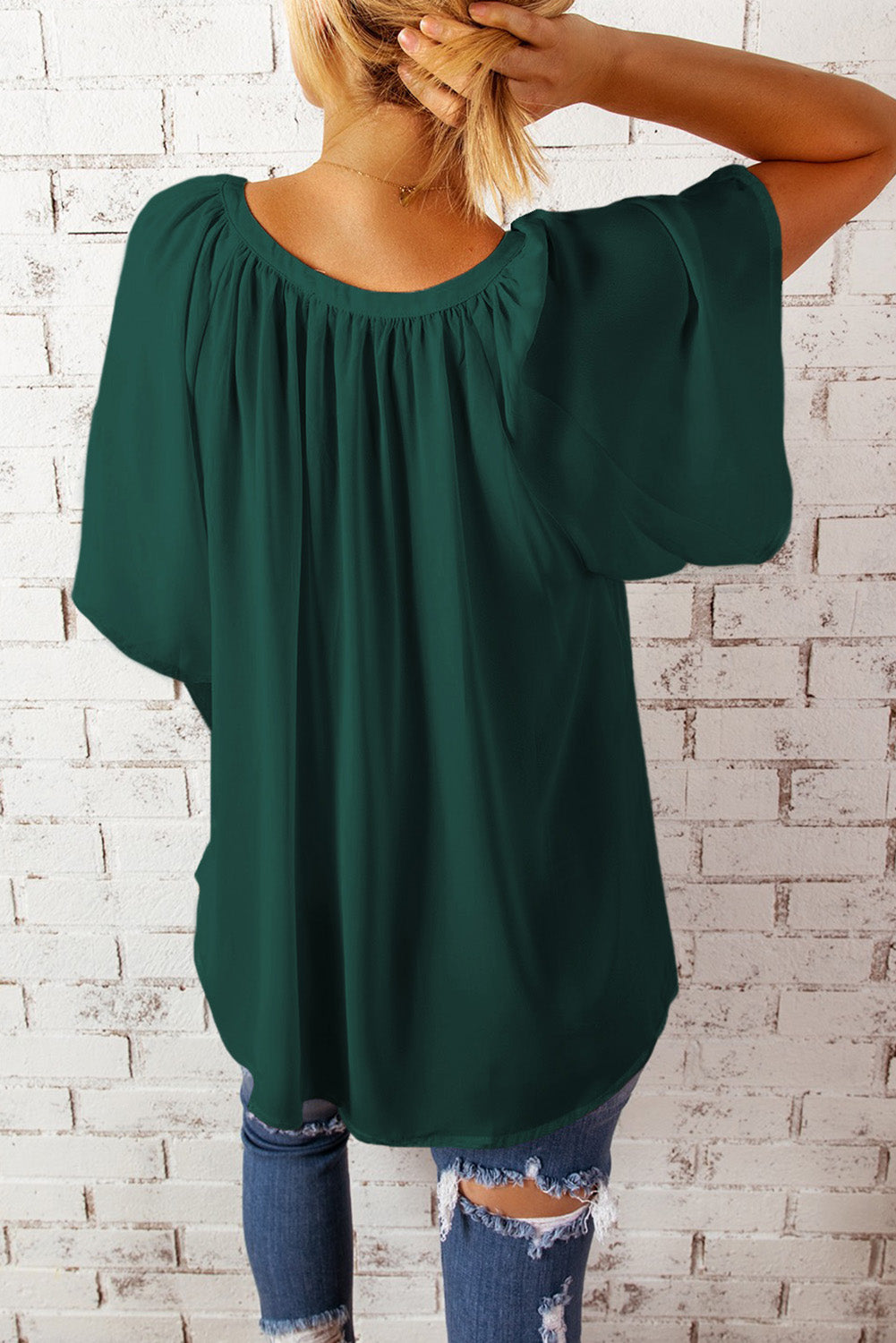 Casual Green Split Neck Pleated Loose Top