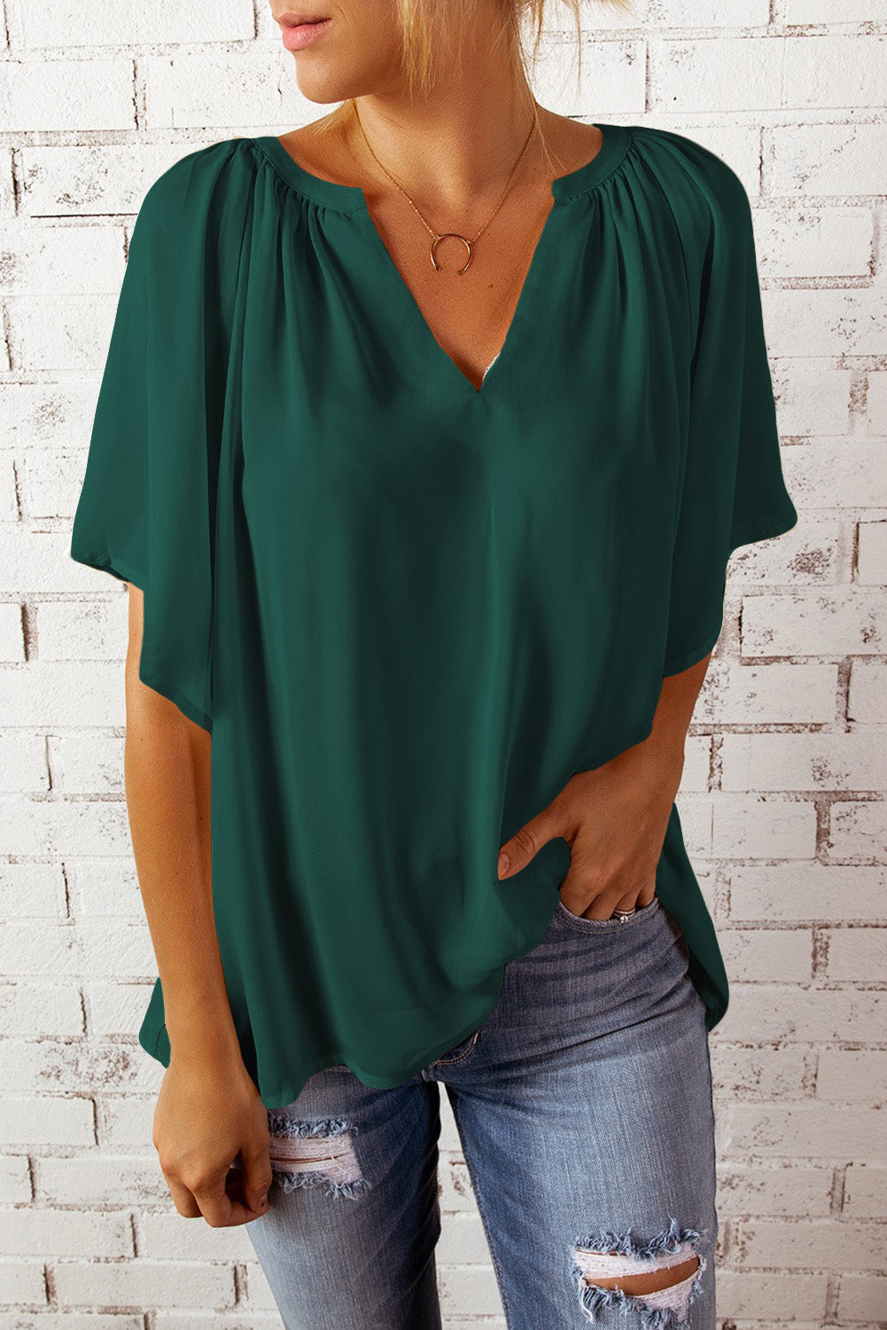 Casual Green Split Neck Pleated Loose Top