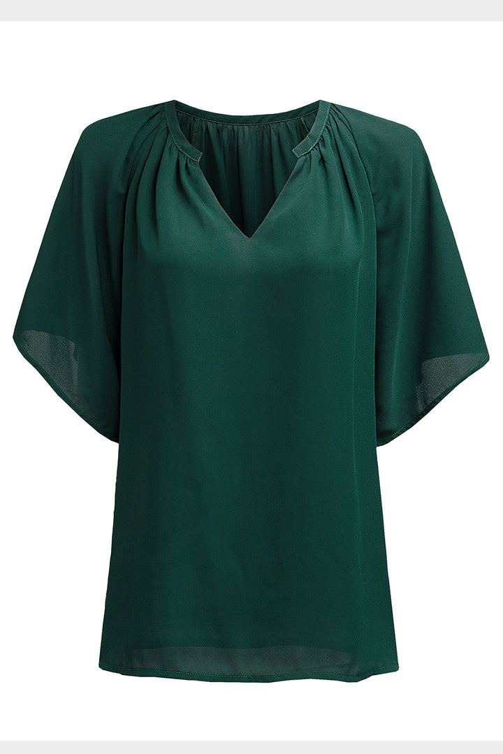 Casual Green Split Neck Pleated Loose Top