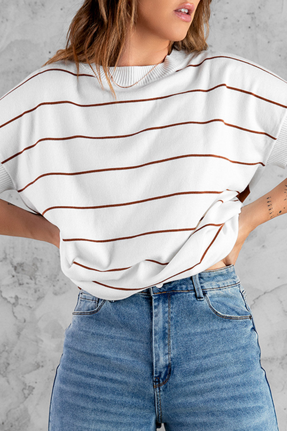 Comfy White Brown Striped Knit Sweater Short Sleeve Top