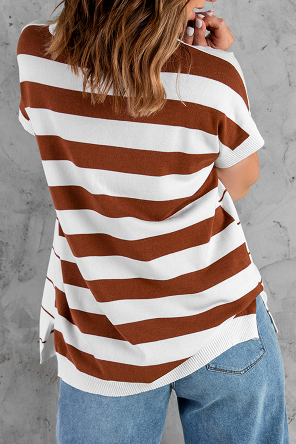 Comfy White Brown Striped Knit Sweater Short Sleeve Top