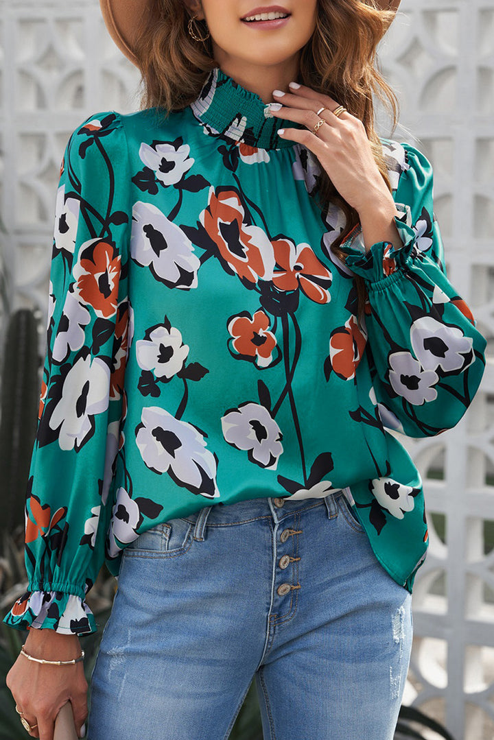 Green Floral Print Smocked Mock Neck Blouse