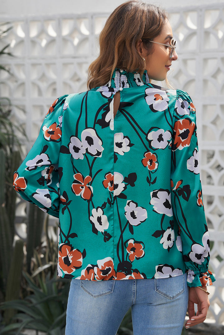 Green Floral Print Smocked Mock Neck Blouse