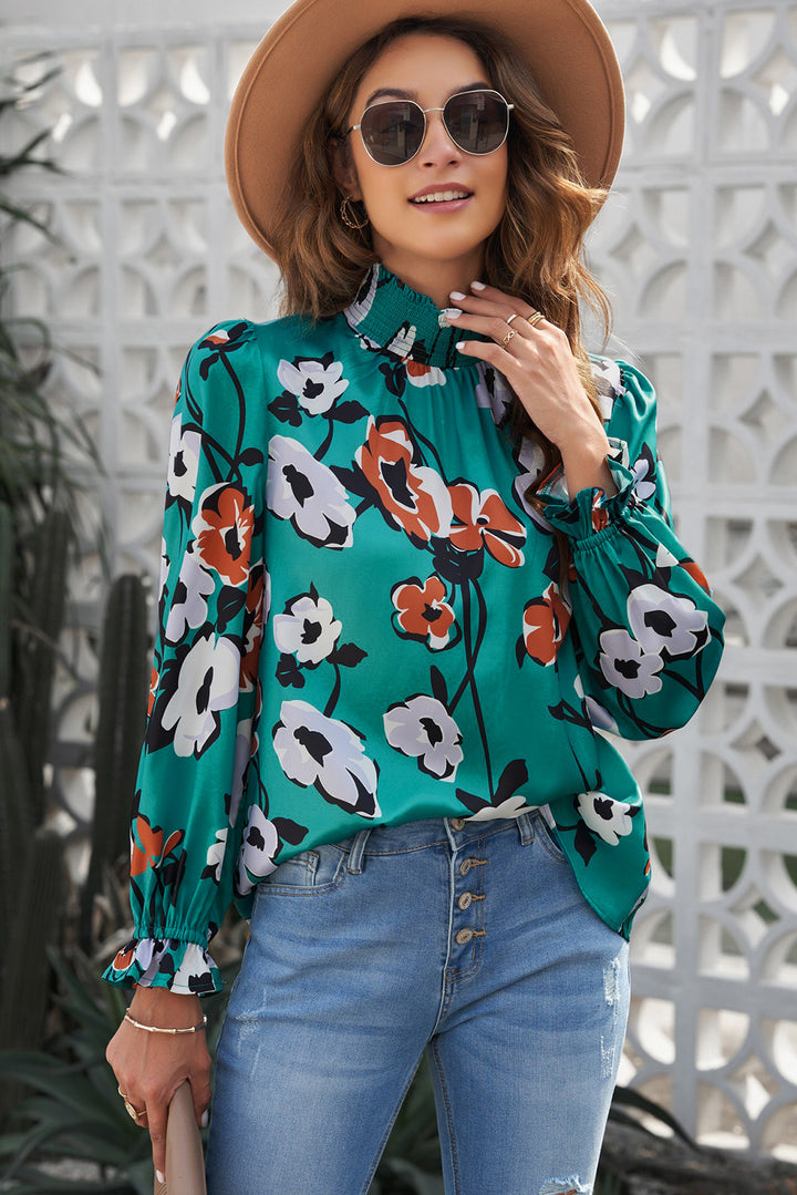 Green Floral Print Smocked Mock Neck Blouse