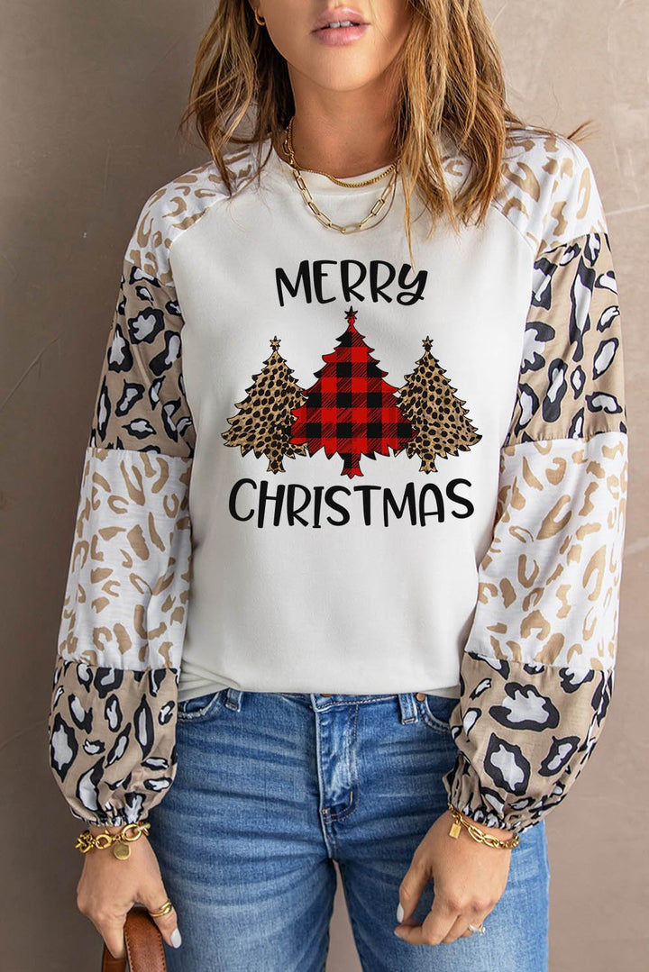Merry Christmas Leopard Graphic Print Long Sleeve Top