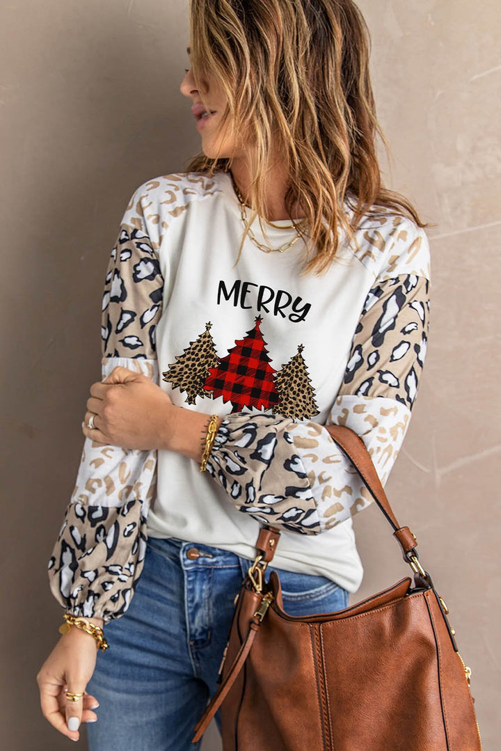 Merry Christmas Leopard Graphic Print Long Sleeve Top