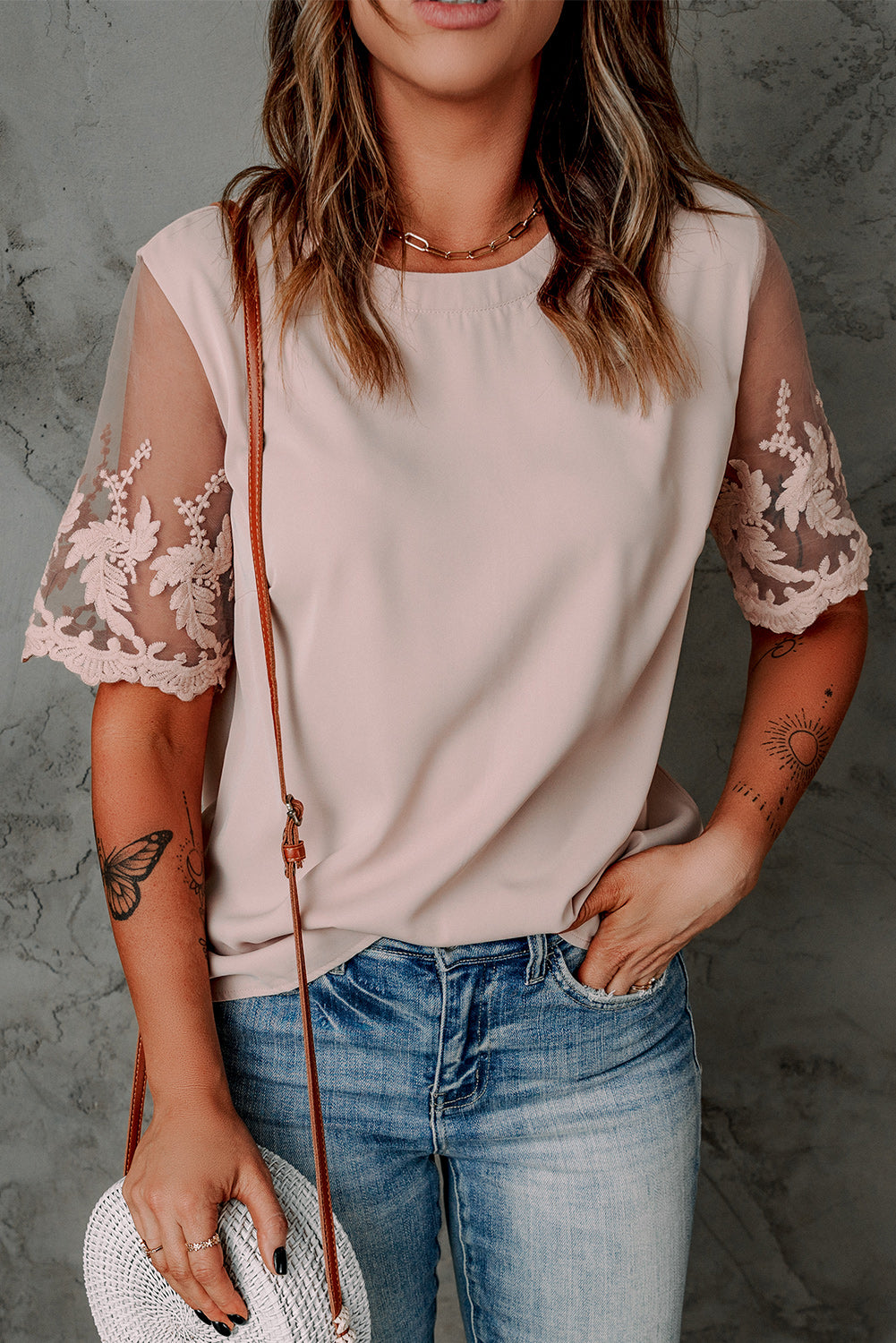 Chic Apricot Floral Lace Short Sleeve Top