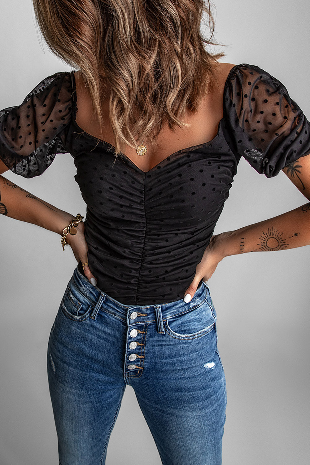 Black Dotted Print Ruched Puff Sleeve Top