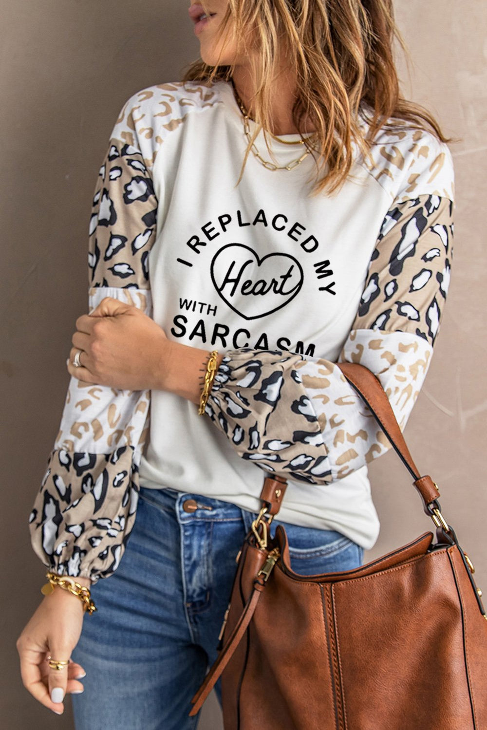 Beige Valentine Letter Heart Leopard Print Long Sleeve Pullover