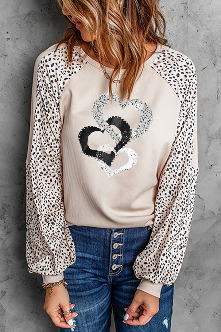 Leopard Heart Color Block Long Sleeve Pullover